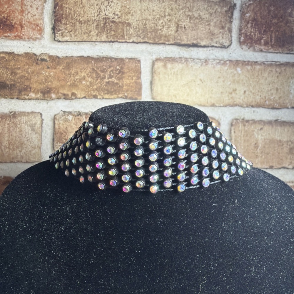 Black Mesh Rhinestone Choker Necklace Multicolor Aurora Borealis Adjustable